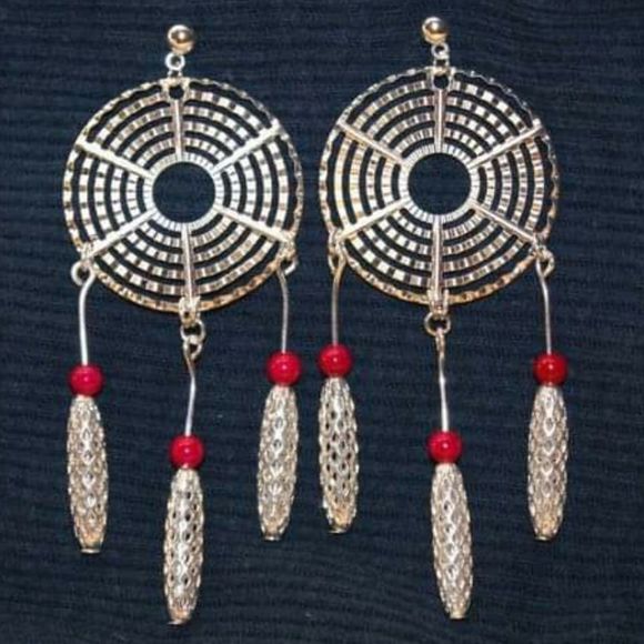 Handmade Funky Abstract Silver Plated Pink Fossil Stone Dreamcatcher Earrings - Picture 5 of 5